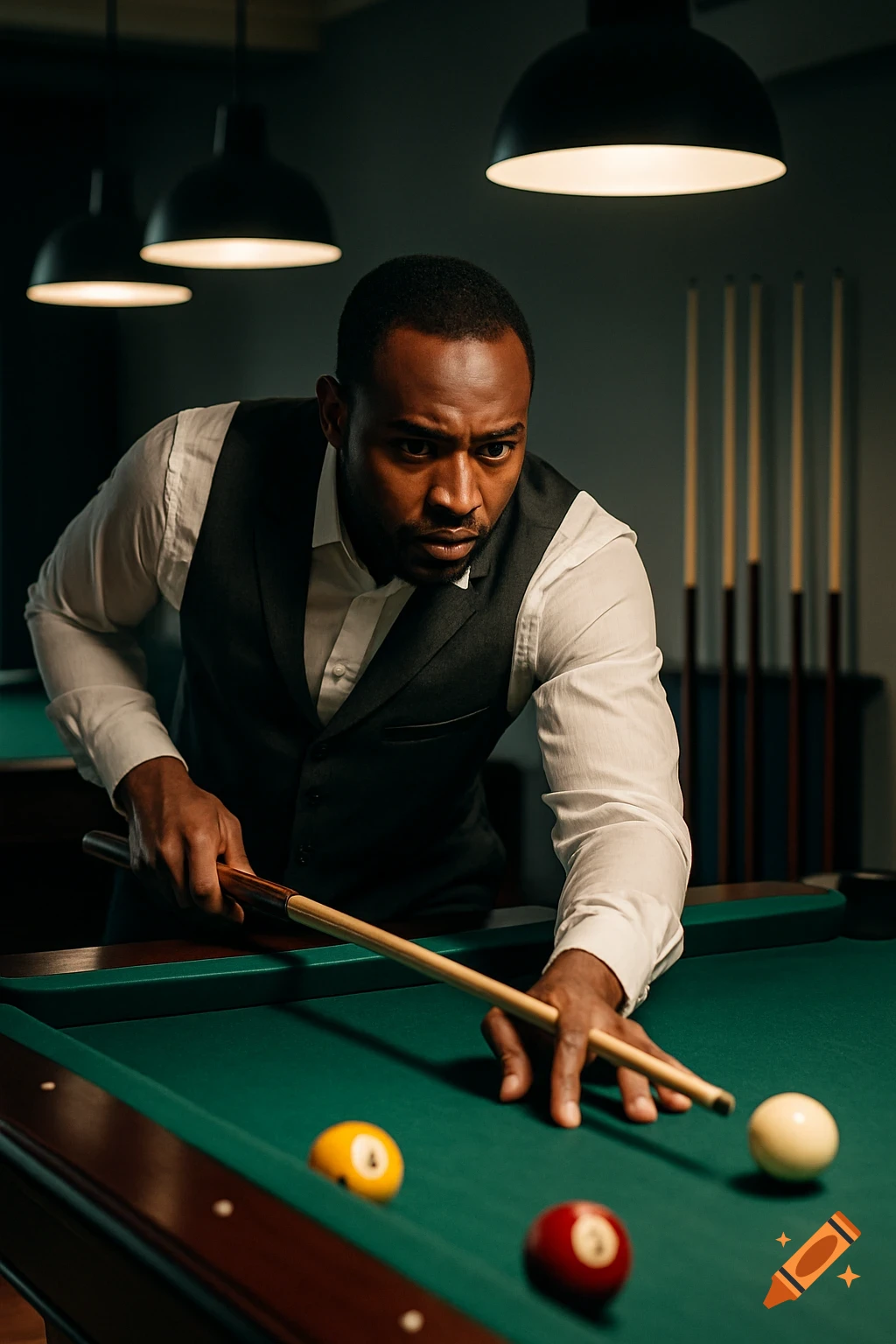 A man in a vest and white shirt aiming a pool cue at billiard balls on a green table, with pool sticks visible in the background.