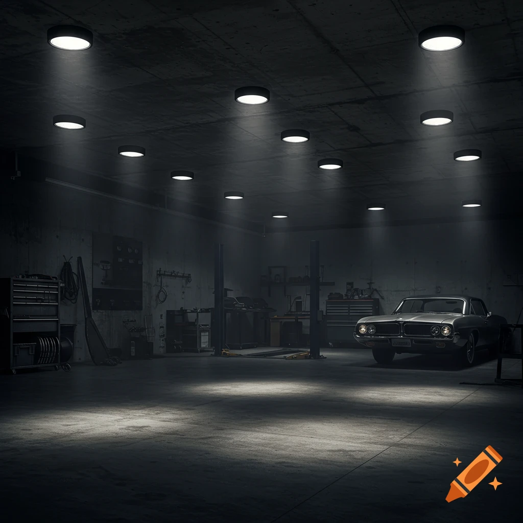 A dimly lit garage with a classic car parked in the center, illuminated by overhead spotlights creating a dramatic effect.