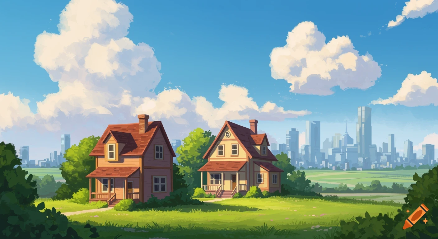 Two quaint houses in an anime style green field with a distant city skyline under a blue sky.