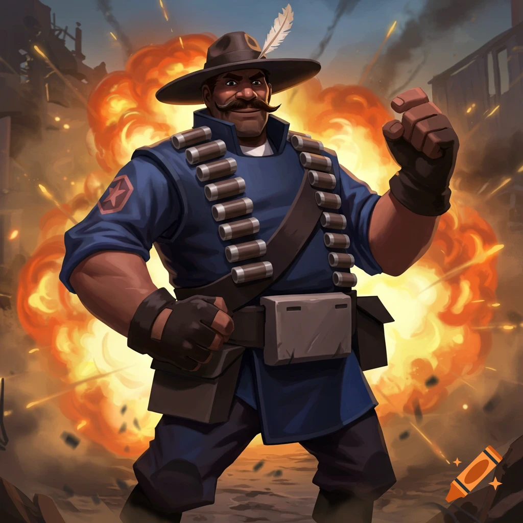 A stylized male character resembling the TF2 Demoman, with a mustache and hat, stands in front of a fiery explosion.