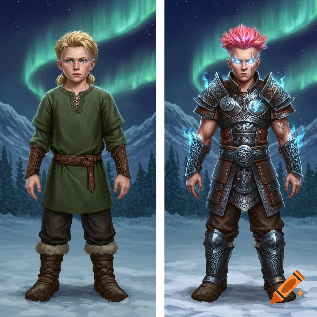 Side-by-side fantasy art of a blonde Viking boy transforming into an armored warrior with glowing eyes and red hair, set in a snowy Nordic landscape with northern lights.