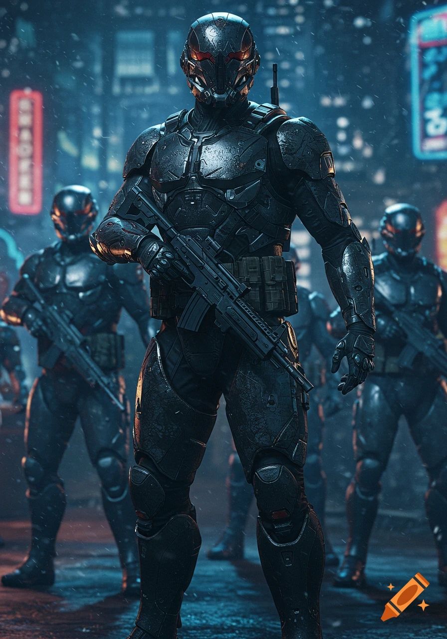 Three heavily armored soldiers in black futuristic suits stand in a rainy, neon-lit cyberpunk city at night.