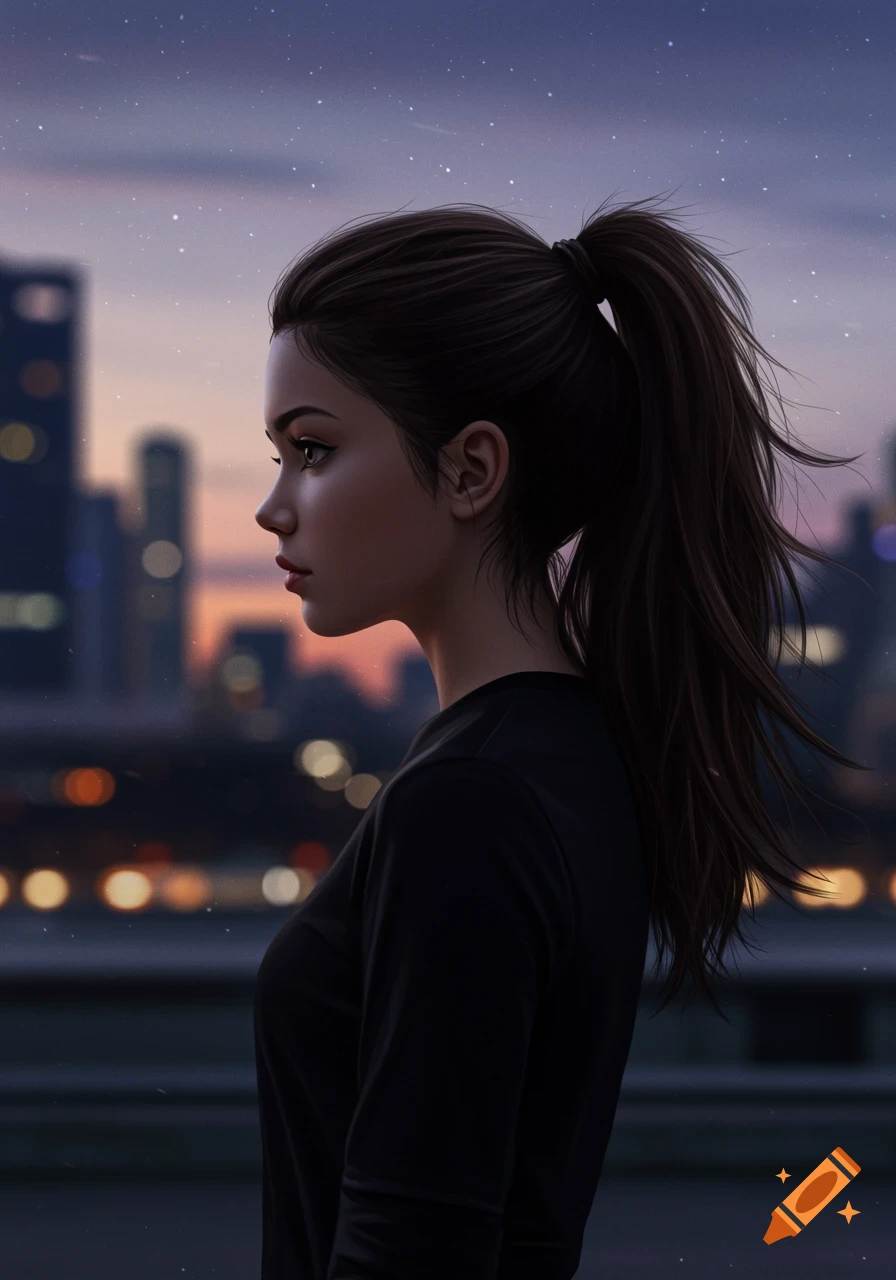 A side profile digital art portrait of a teenage girl with a ponytail looking out over a city at dusk.