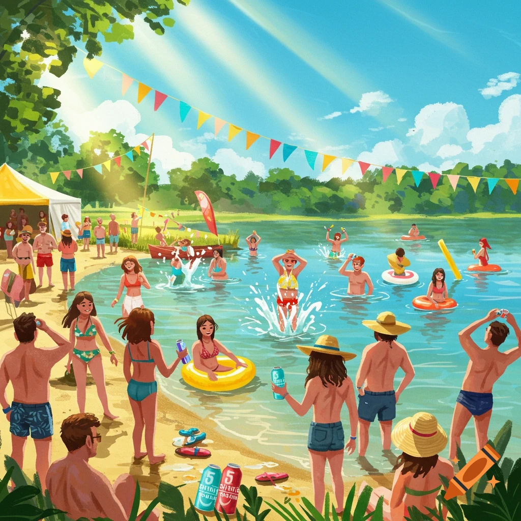 An illustration depicts a vibrant water festival at a sunny lake, with numerous people swimming, playing, and relaxing on the shore. Bunting hangs across the sky, and trees frame the scene. In the foreground, people interact by the water, some holding drinks.