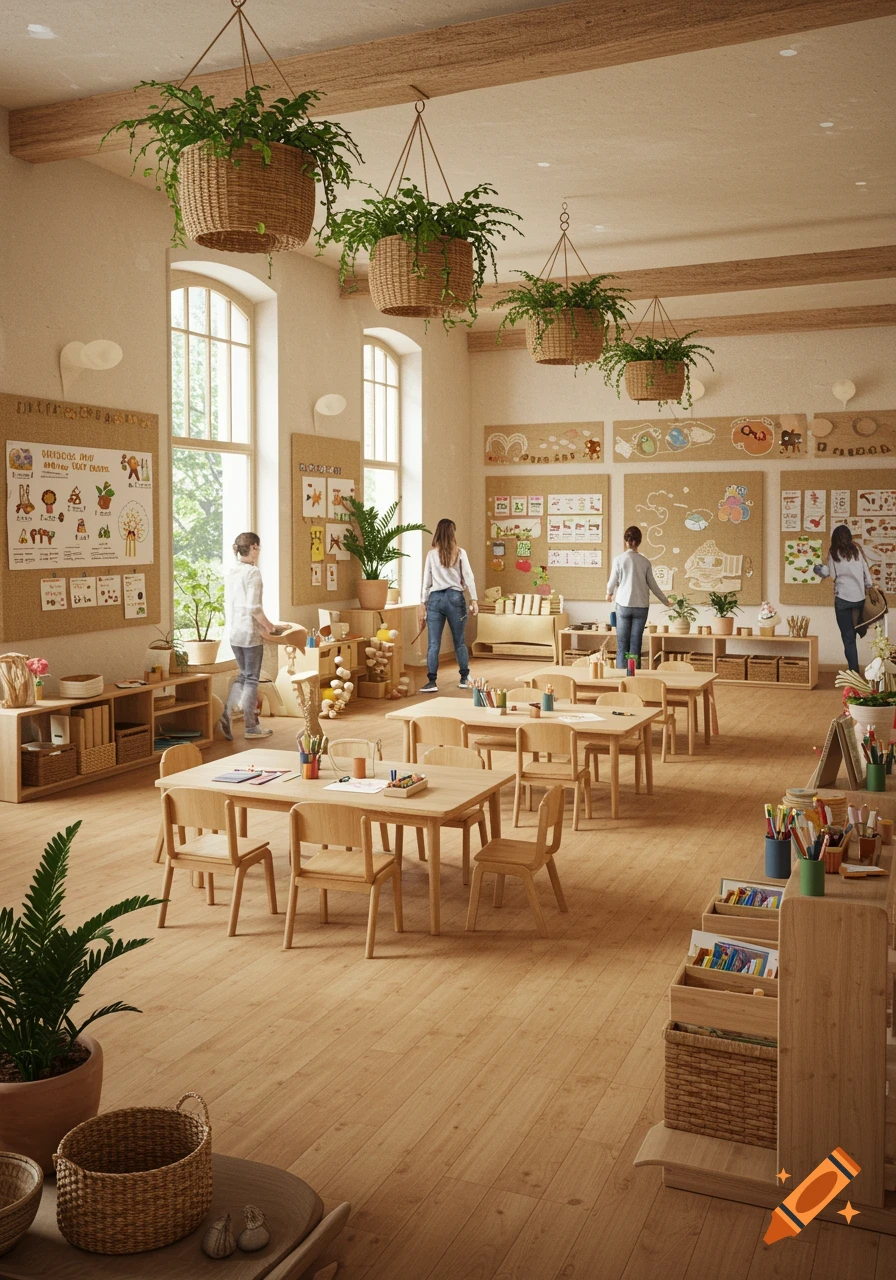 Bright, spacious classroom with light wood furniture, hanging plants, cork boards, and several adults.