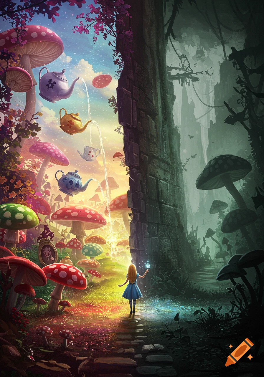 A vibrant fantasy illustration of Alice in a split Wonderland scene with bright mushrooms and teapots, divided from a dark, shadowy forest by a tall wall.