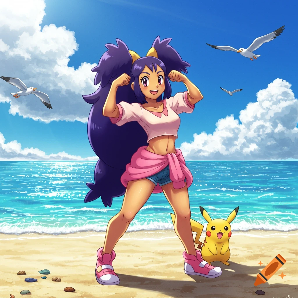 Iris from Pok emon flexing her muscles on a sunny beach with Pikachu and seagulls, in an anime style.