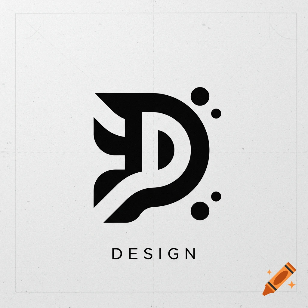 Black and white abstract logo with a stylized 'D' symbol and the word 'DESIGN' below.