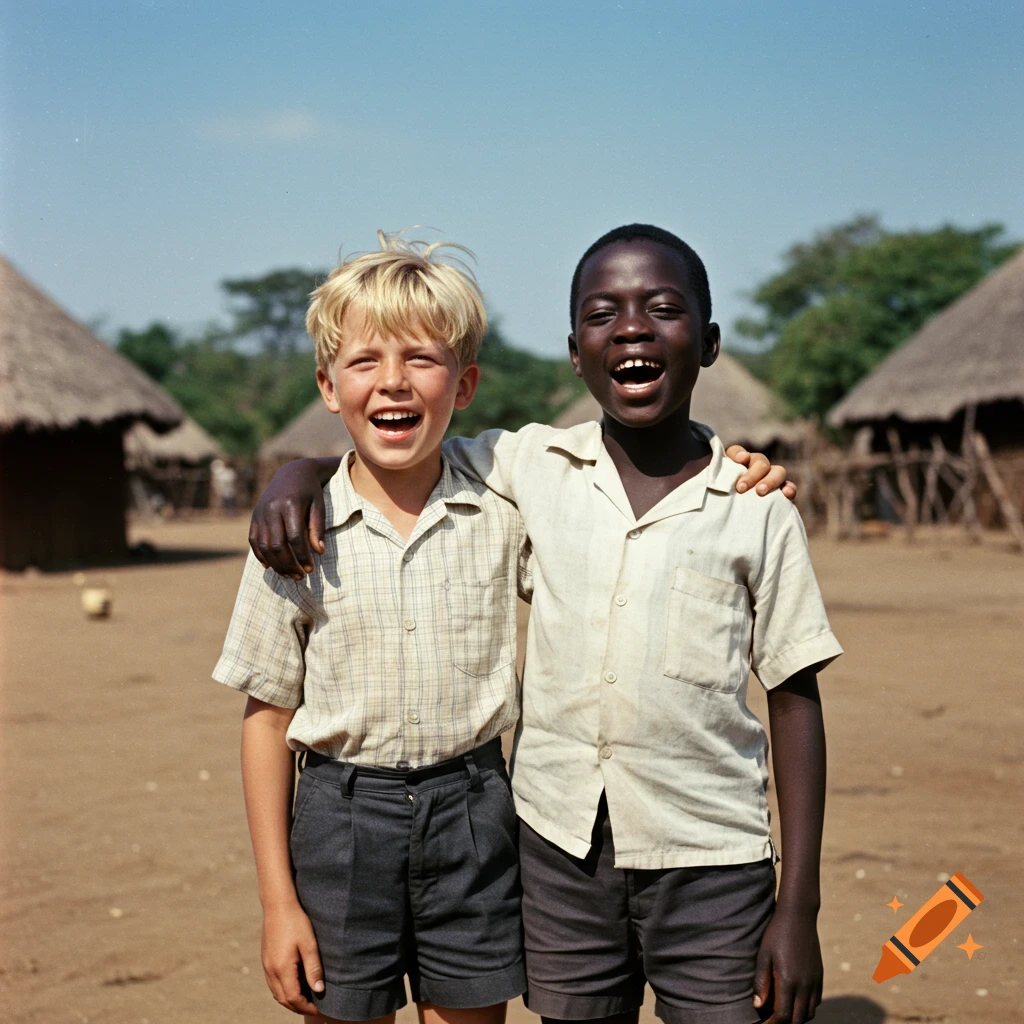 A 1950s colored photo shows a blonde boy with his arm around a dark-skinned boy, both laughing and standing in an African village.