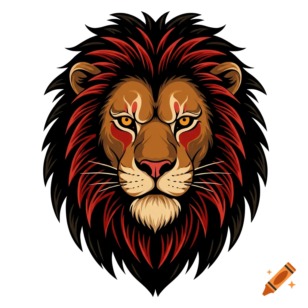 Stylized vector graphic of a lion's head with a black and red mane, symmetrical, on a white background.