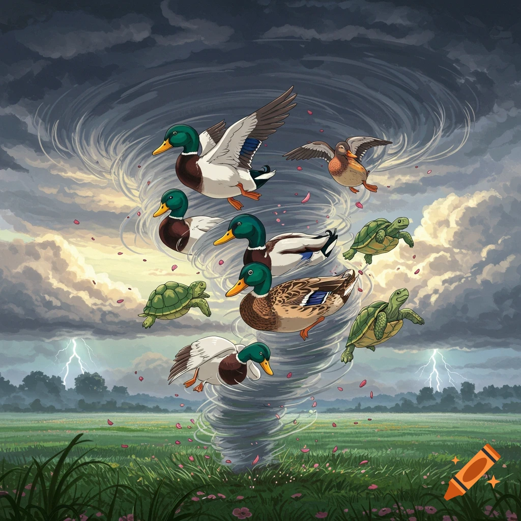Anime style mallard ducks and turtles forming a tornado over a stormy green field with lightning.