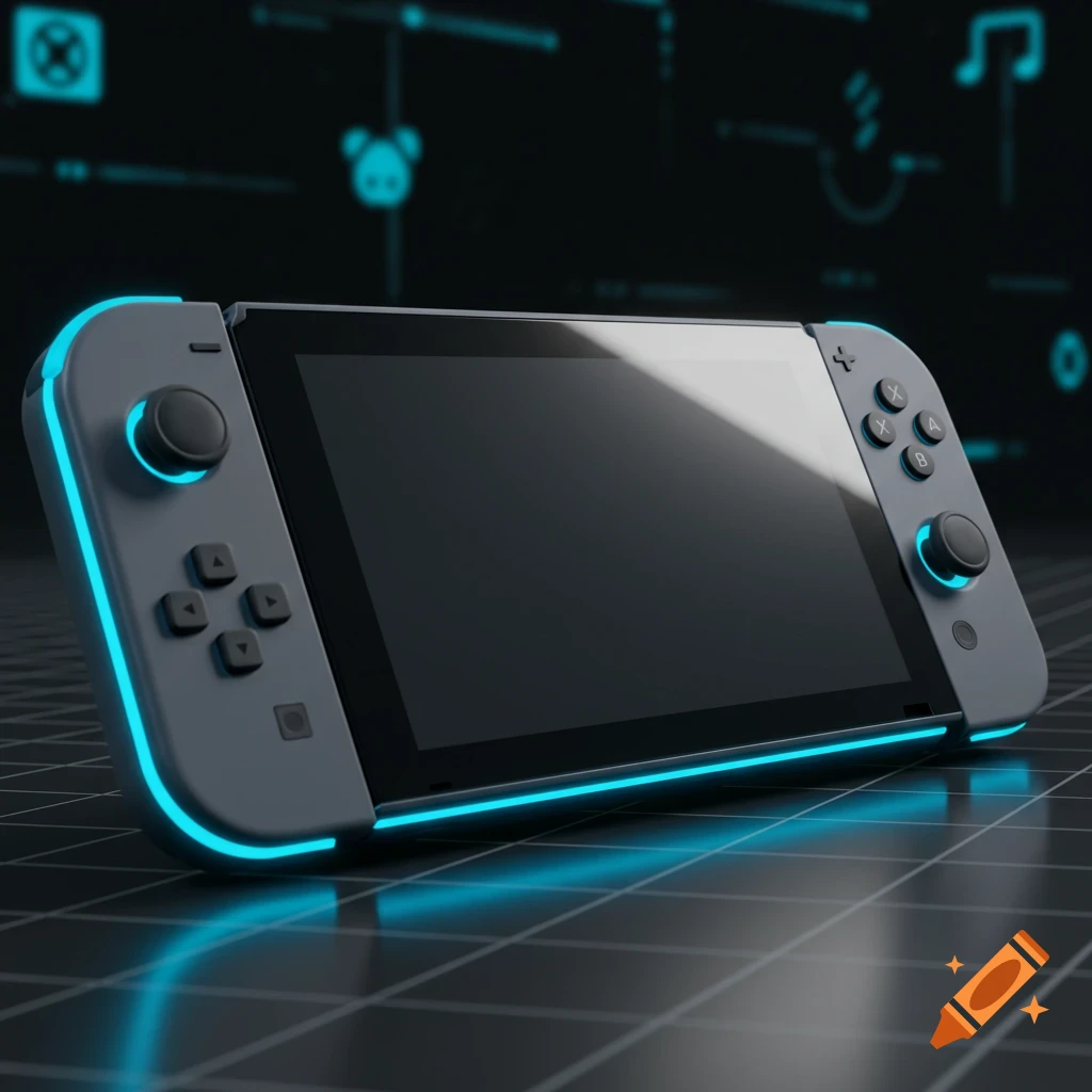 A gray handheld game console with glowing blue edges and an unlit screen rests on a dark, reflective grid surface.