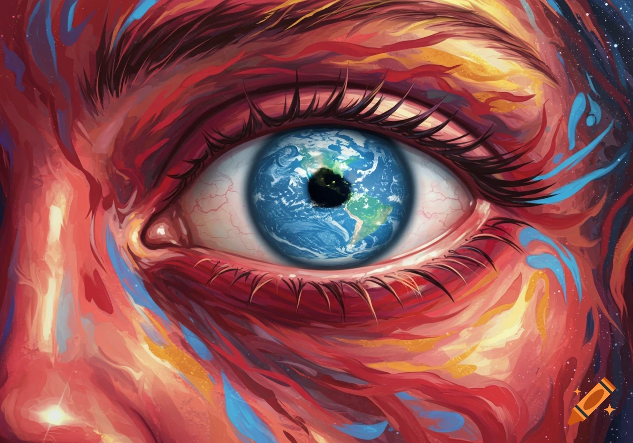 Close-up of a vibrant, abstract eye featuring the Earth as its iris, surrounded by swirling red, orange, and blue brushstrokes.