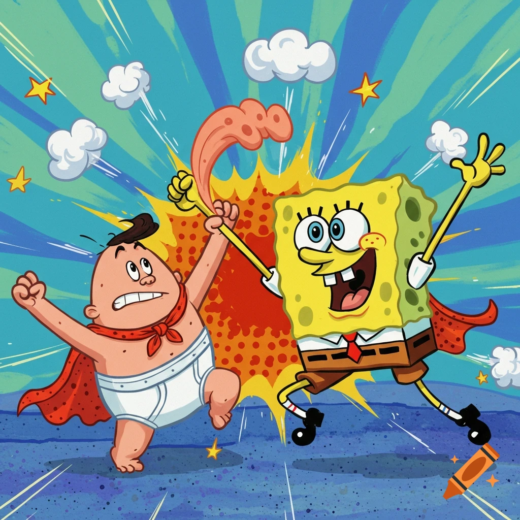 Cartoon image of SpongeBob SquarePants and Captain Underpants in a dynamic action pose, with a comic book style explosion effect behind them.