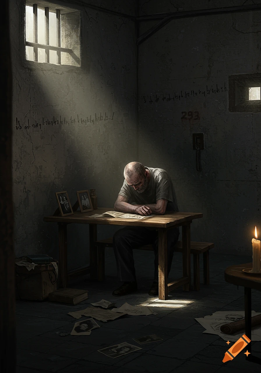 An elderly man sits alone at a wooden table in a dark, stark prison cell, looking down at papers, with photos on the table and scattered on the floor, lit by a single ray of light from a barred window.