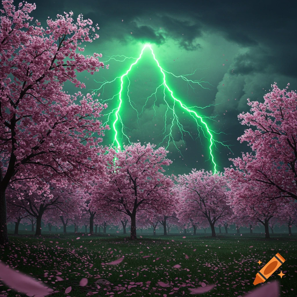 A serene landscape featuring rows of pink cherry blossom trees under a dark, stormy sky with bright green lightning.