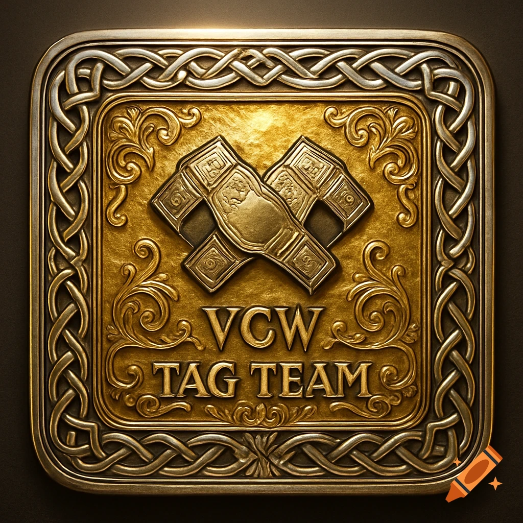 Ornate gold and silver metallic plaque featuring Celtic knotwork and two overlapping wrestling belts with 'VCW TAG TEAM' text.