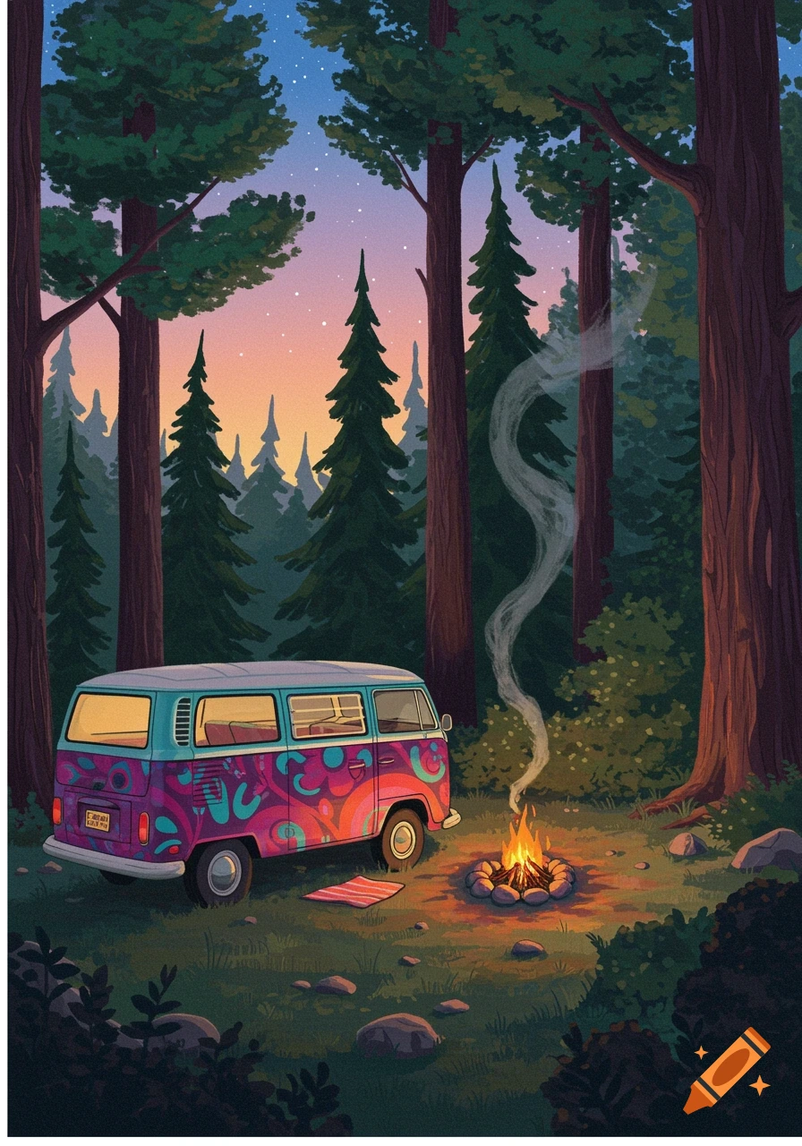 An illustrated scene of a colorful VW campervan parked next to a crackling campfire in a moonlit forest.