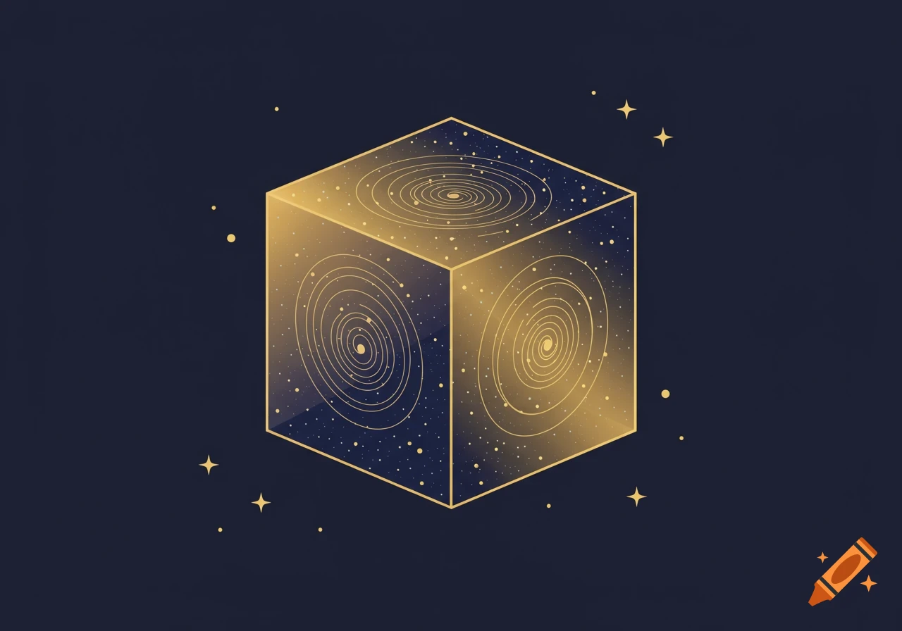 An isometric golden cube with galaxy-like spirals and stars on its visible faces, set against a dark blue cosmic background with tiny stars and specks of light.