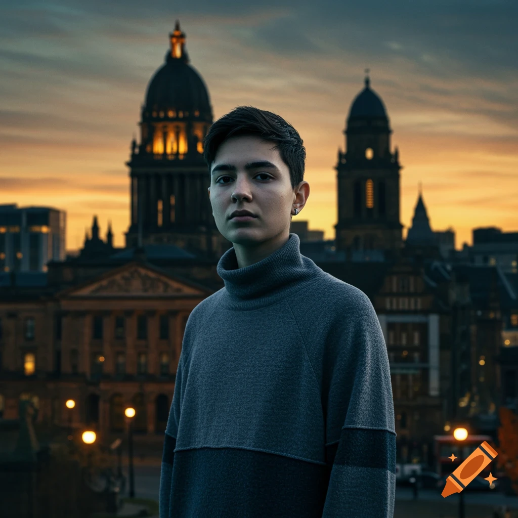 A person in a grey turtleneck sweater stands against a blurry cityscape with domed buildings and a sunset sky.