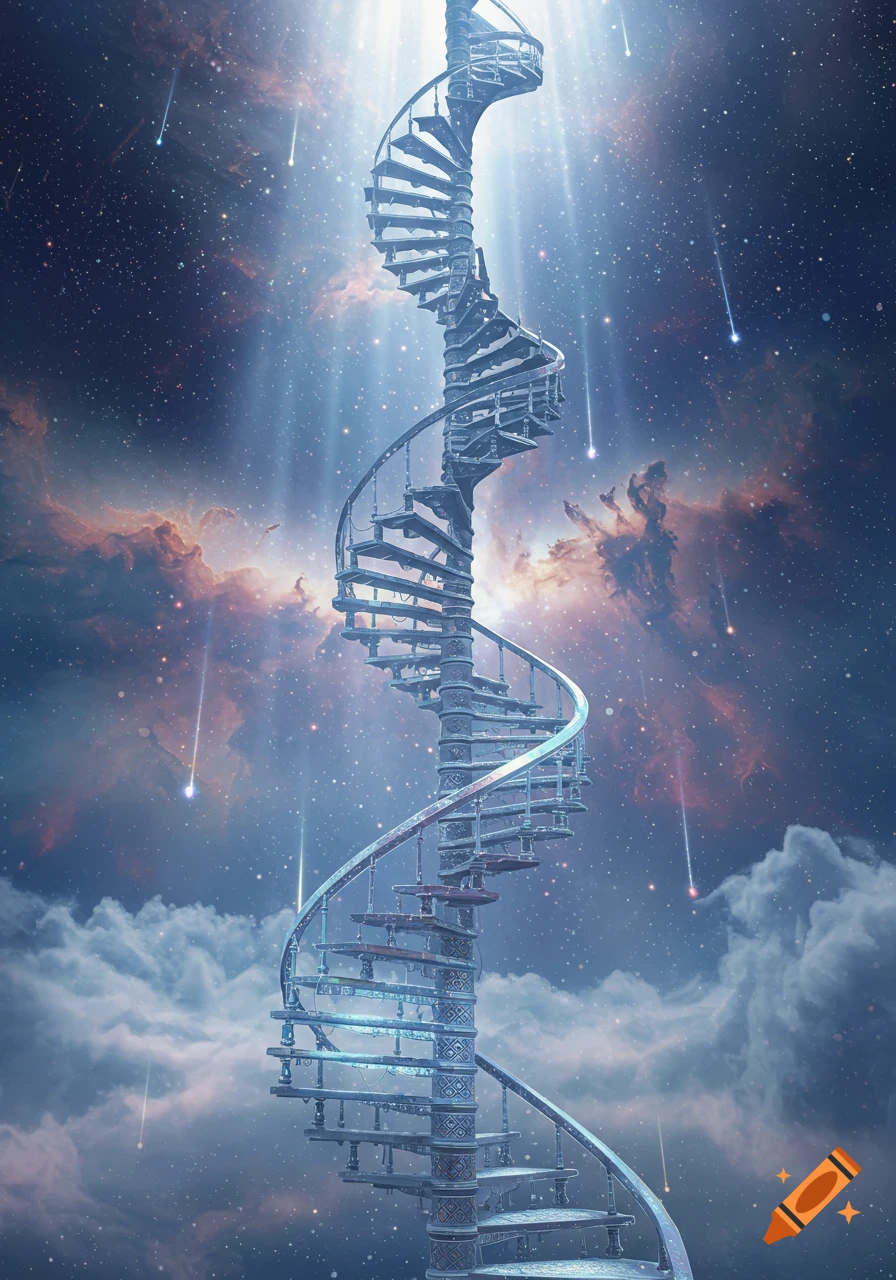 A grand, ornate spiral staircase ascends into a bright, ethereal starry sky with glowing clouds and shooting stars.