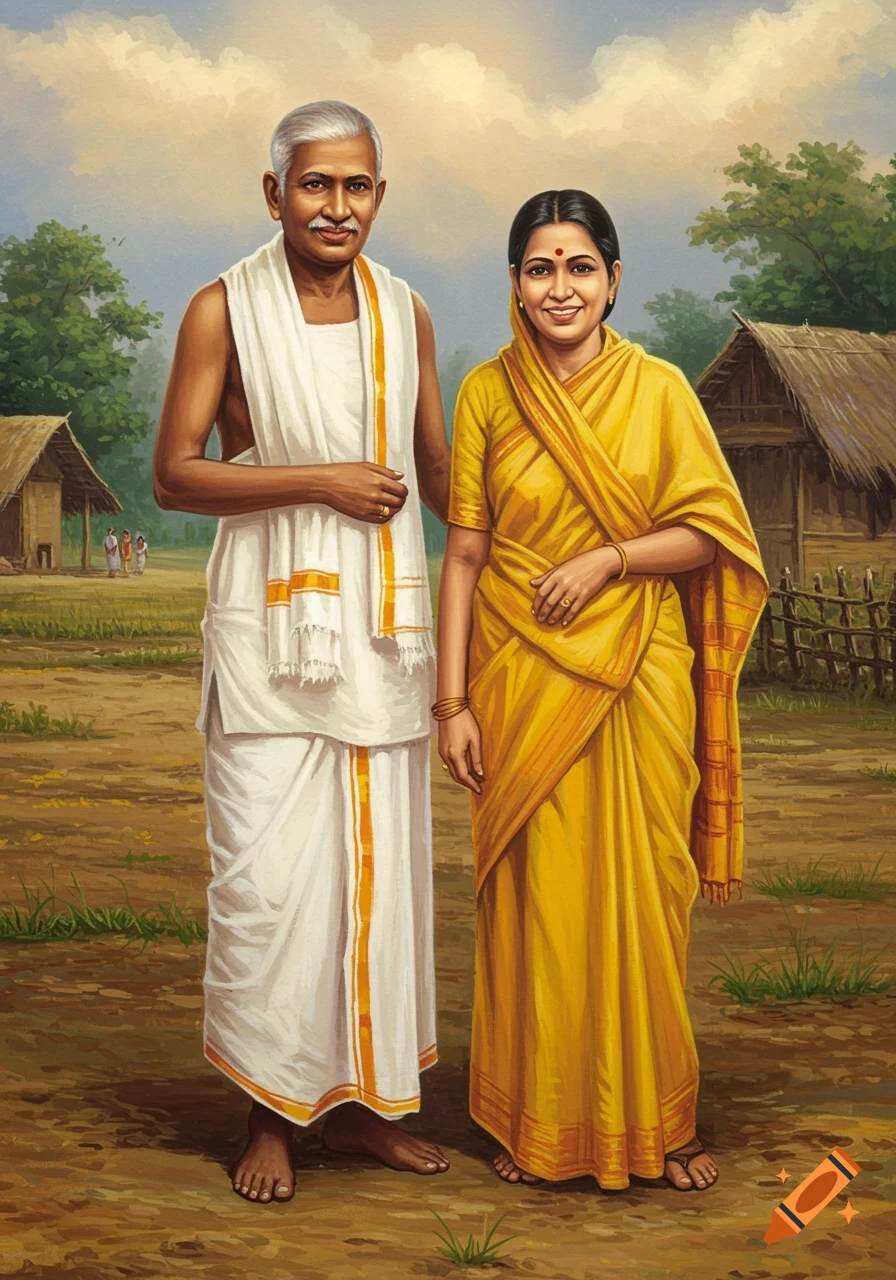 A painting of an elderly Indian couple in traditional attire standing in a rural village setting.