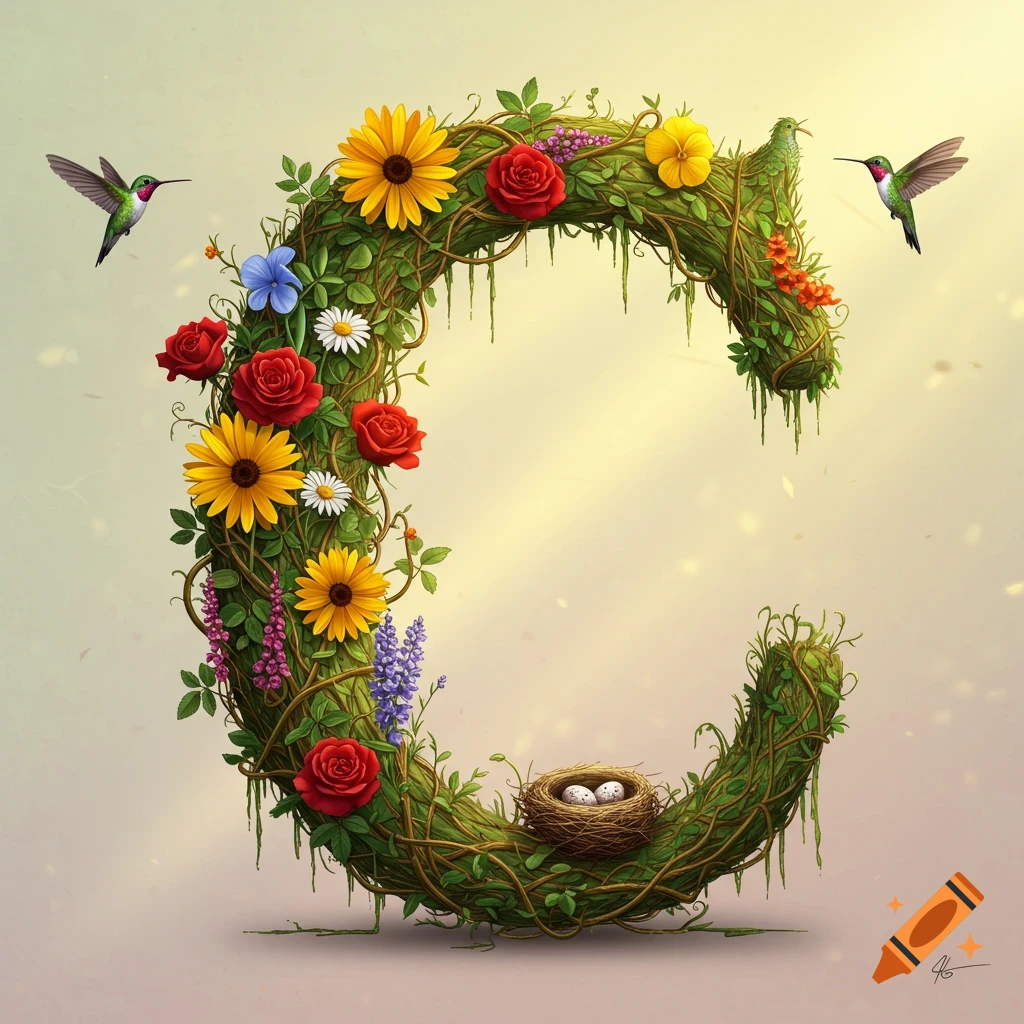A decorative capital letter C made of green vines and colorful flowers, with hummingbirds and a bird's nest.