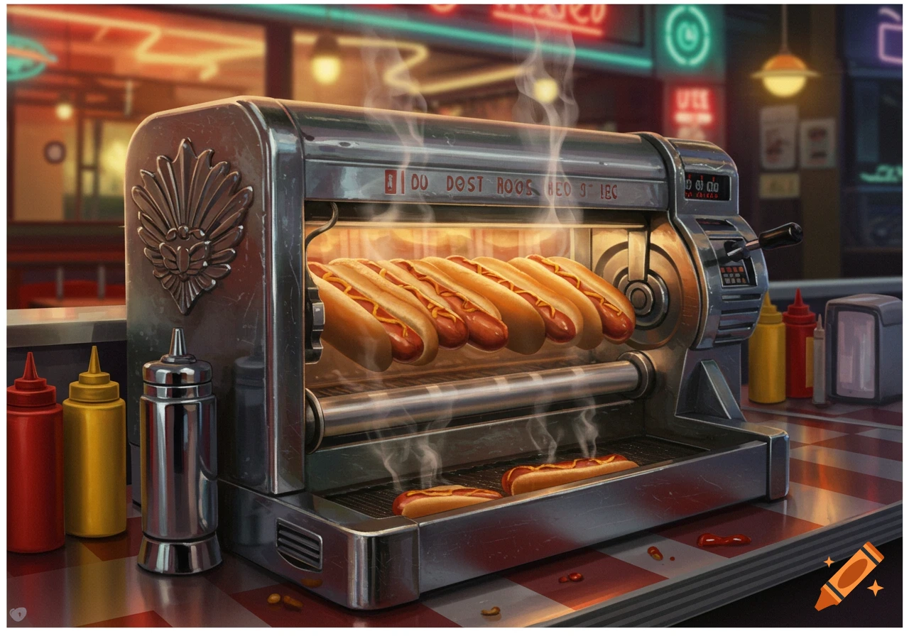 A close-up of a hot dog machine with several hot dogs cooking on rollers, steam rising, and condiments nearby in a diner setting.