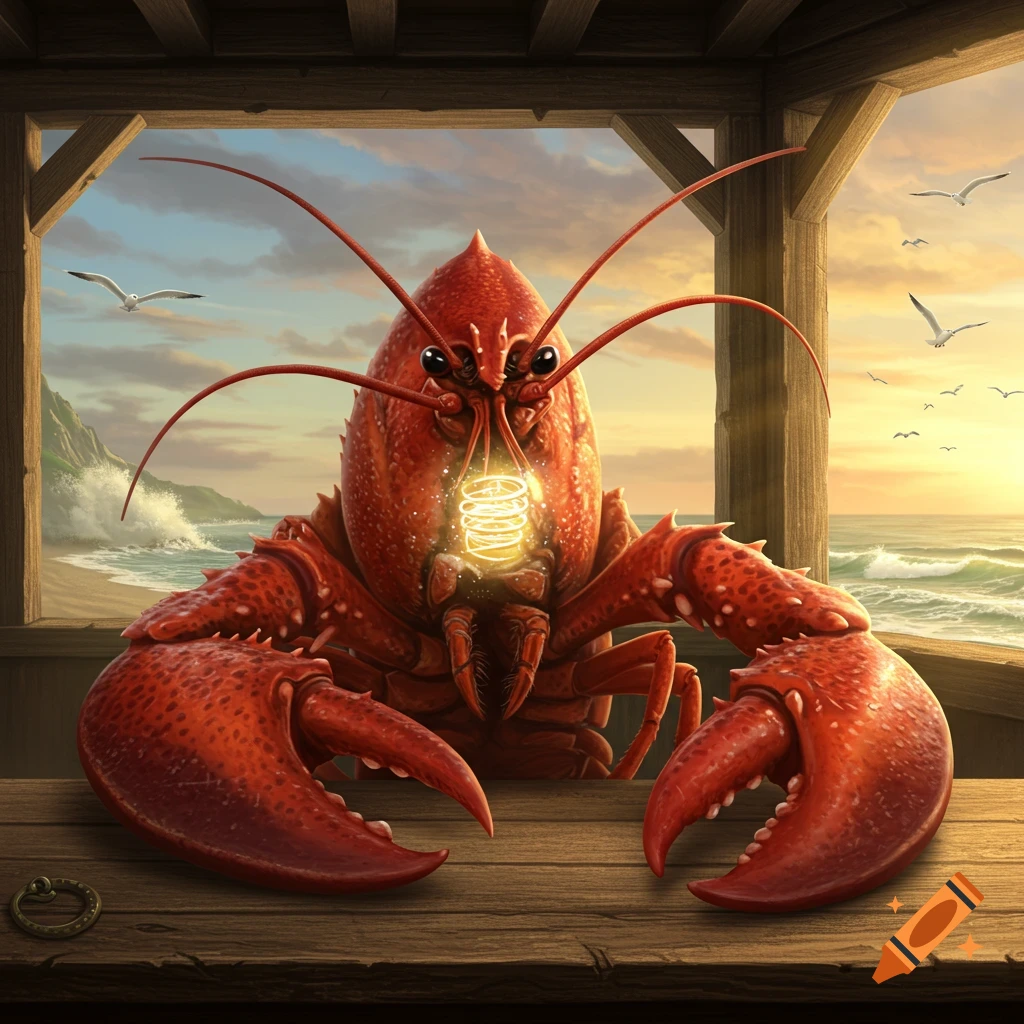 A large red lobster stands behind a wooden bar at a beach, holding a glowing light, with seagulls flying over the ocean.