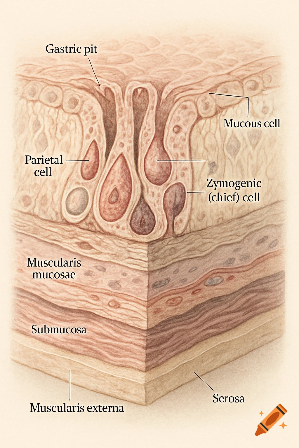 A cross-section diagram of the stomach wall, showing layers like gastric pit, parietal and zymogenic cells, muscularis mucosae, submucosa, muscularis externa, and serosa.