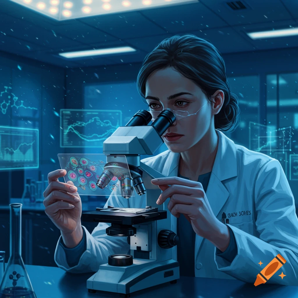 A female scientist in a lab coat looks into a microscope, holding a translucent slide with magnified cells. Blue lighting, futuristic lab setting.