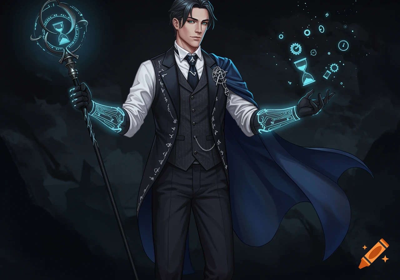 Highly detailed anime-style portrait of a male hero with glowing arcane runes and a temporal staff, surrounded by clockwork gears.