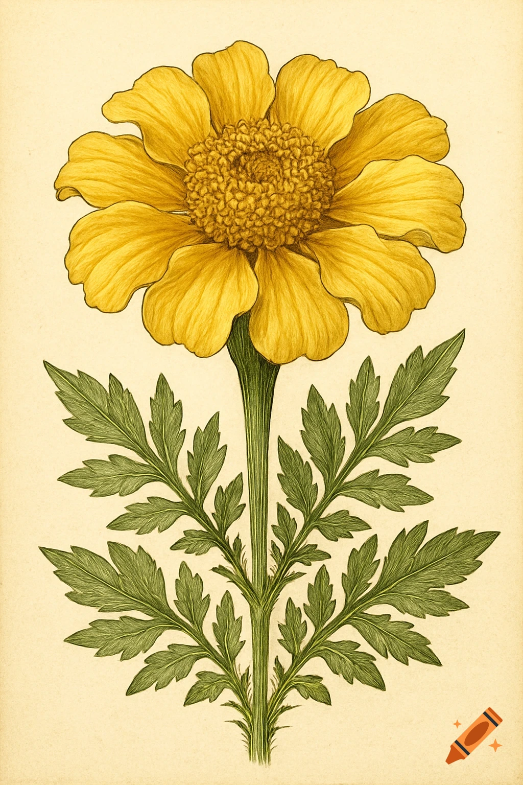 A vibrant yellow marigold flower with green leaves, rendered in a detailed scientific botanical illustration style.