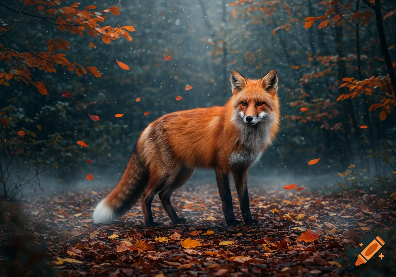 A photorealistic red fox stands among fallen autumn leaves in a misty, dark forest.