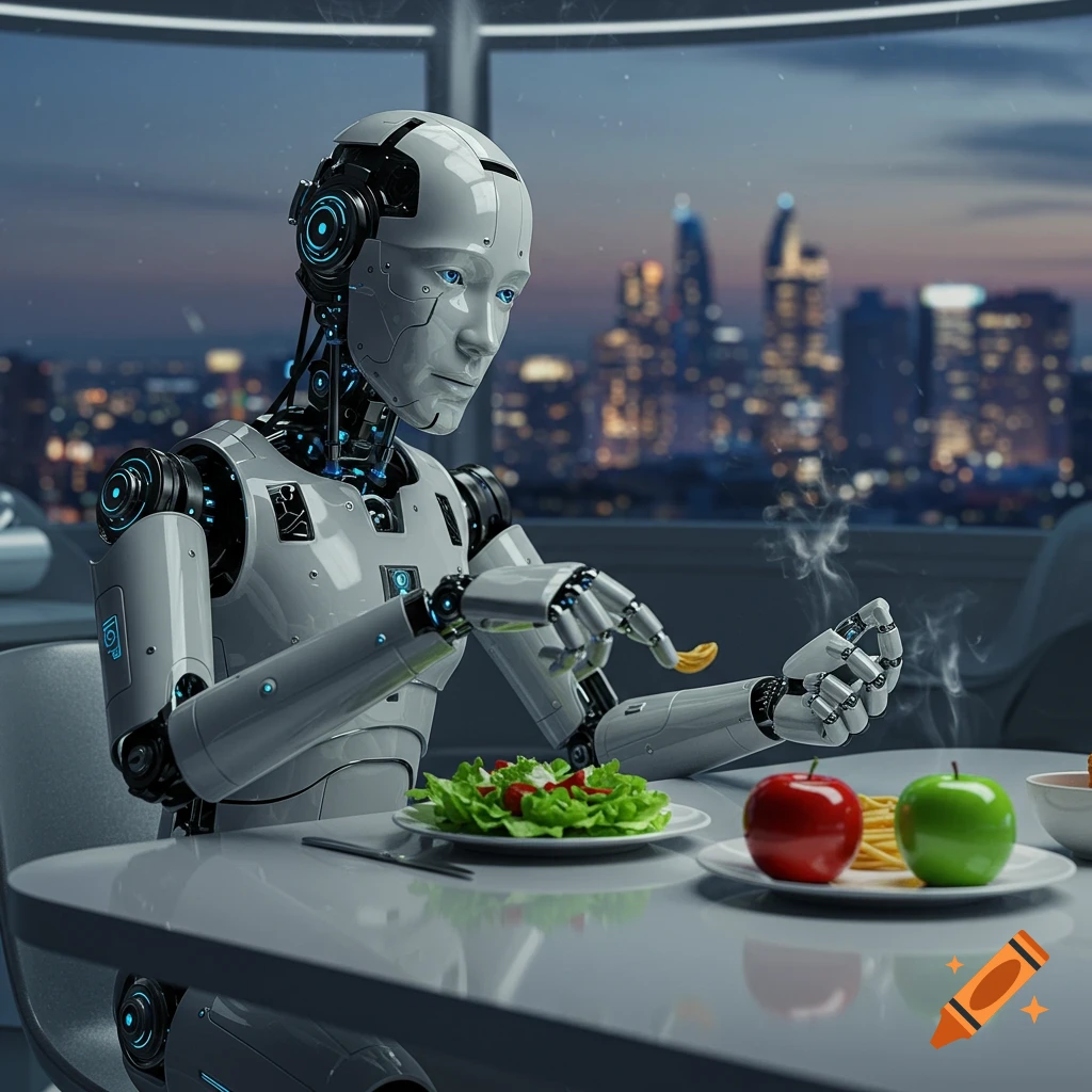 Photorealistic humanoid robot eating a meal at a table overlooking a city skyline at dusk.