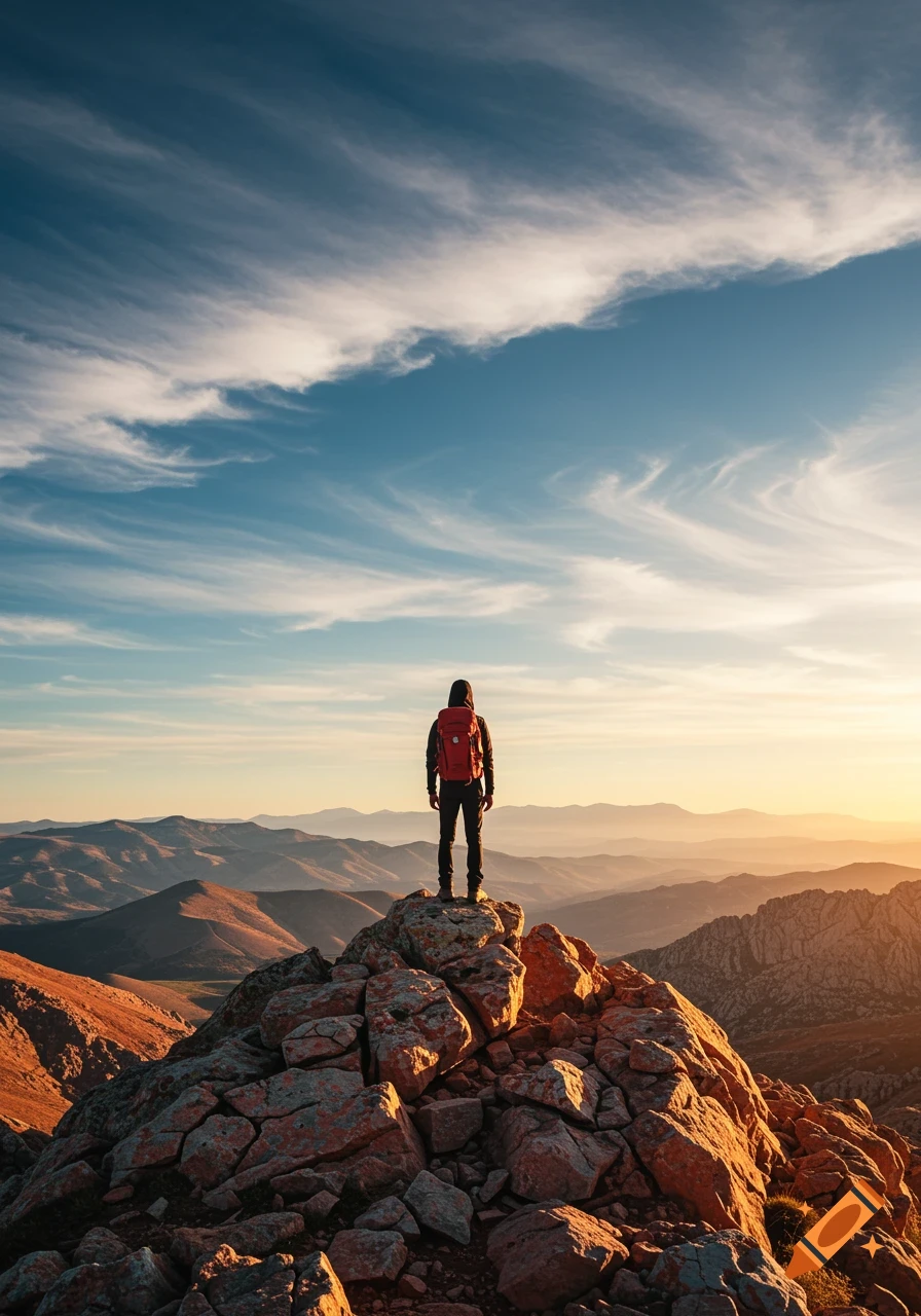 Photorealistic shot of a person with a red backpack standing atop a rocky mountain peak, overlooking a vast mountain range at sunset.