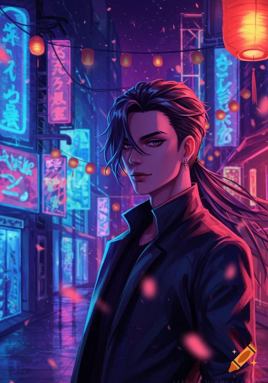 Anime man with long dark hair and black coat stands in vibrant, neon-lit cyberpunk street with glowing Japanese signs.