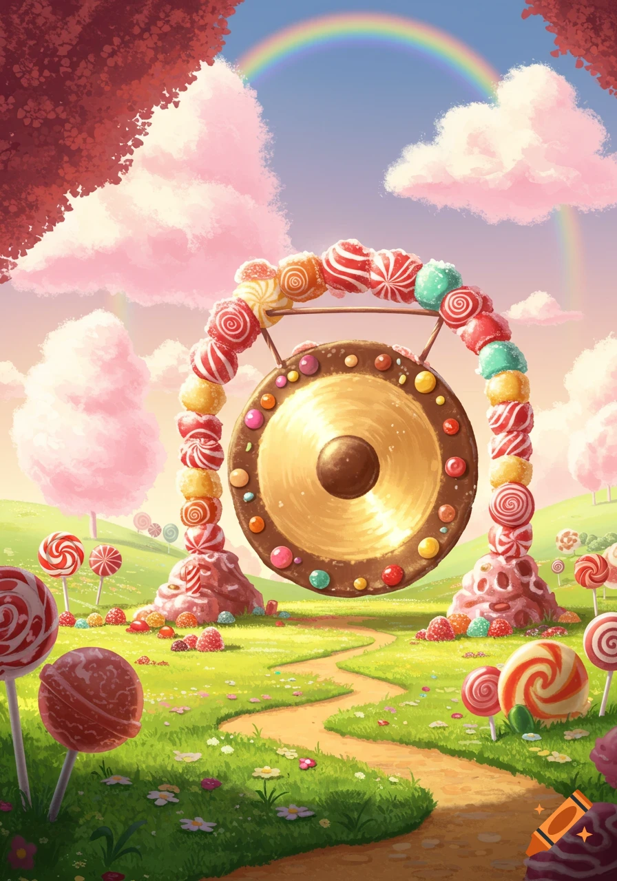 A whimsical candy land with a large chocolate gong adorned with candies, surrounded by lollipops, cotton candy trees, and a rainbow.