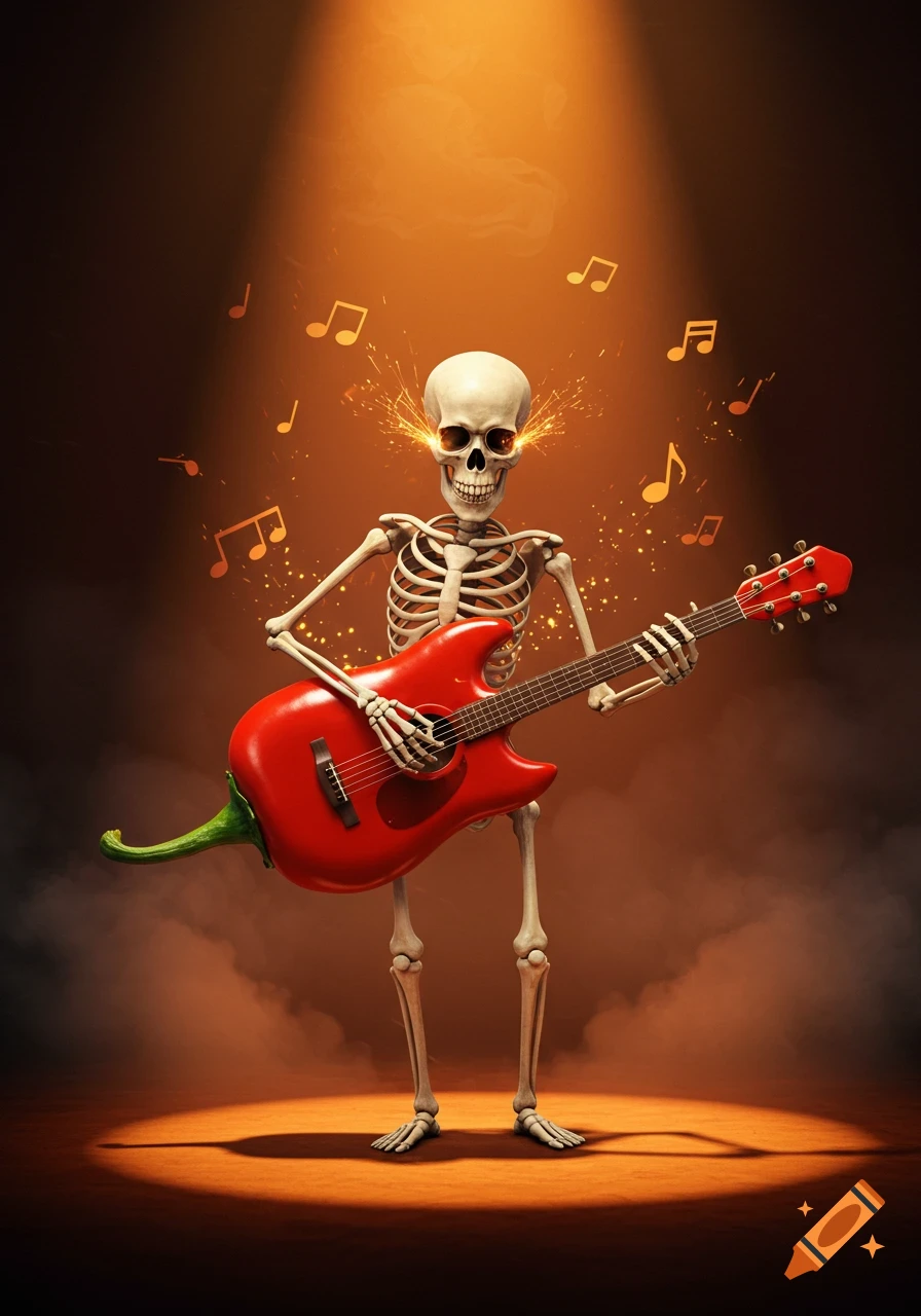 A skeleton playing a red chili pepper shaped guitar under a spotlight, with musical notes and sparks around its head.