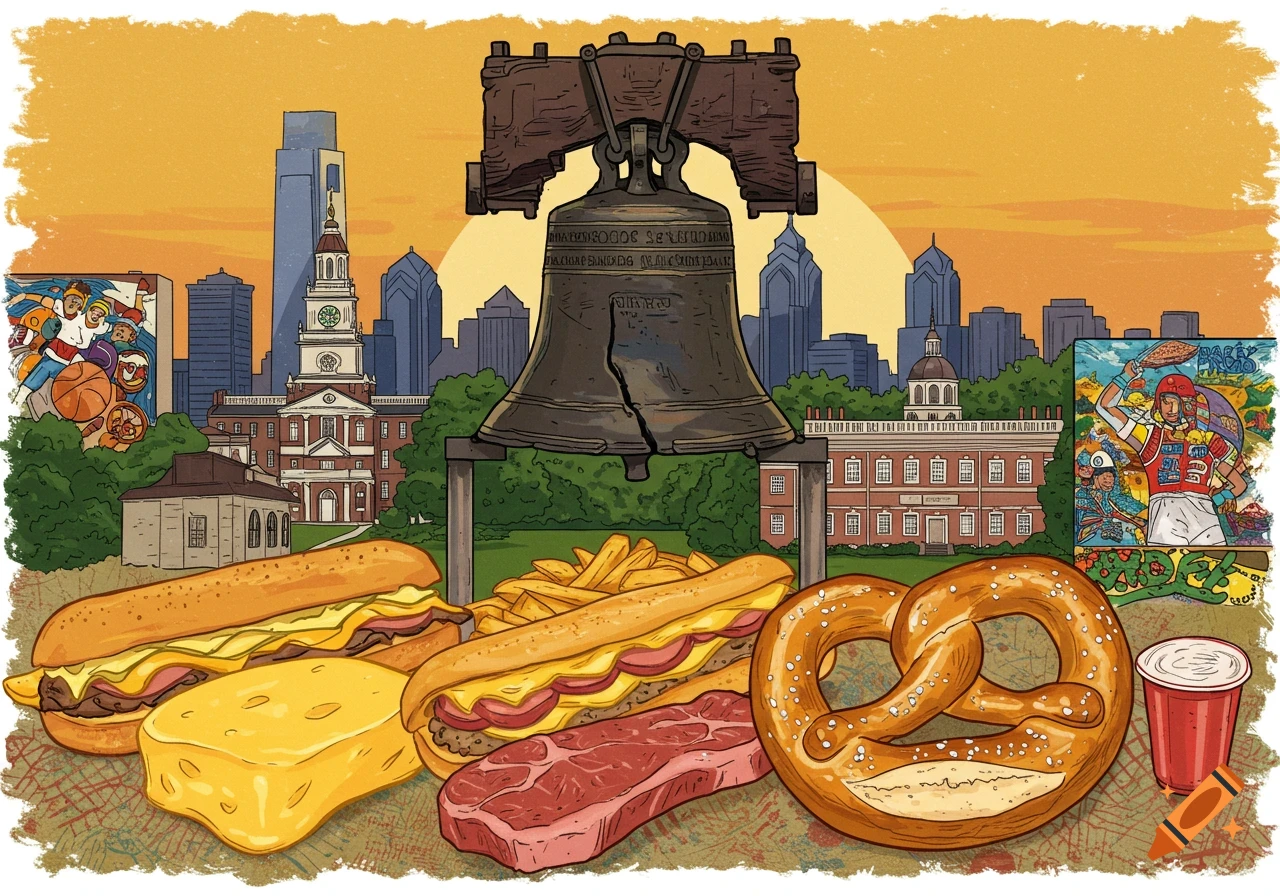 An illustration showcasing Philadelphia's iconic landmarks and popular foods, including the Liberty Bell, city skyline, cheesesteaks, pretzel, and fries, all set against an orange sky.