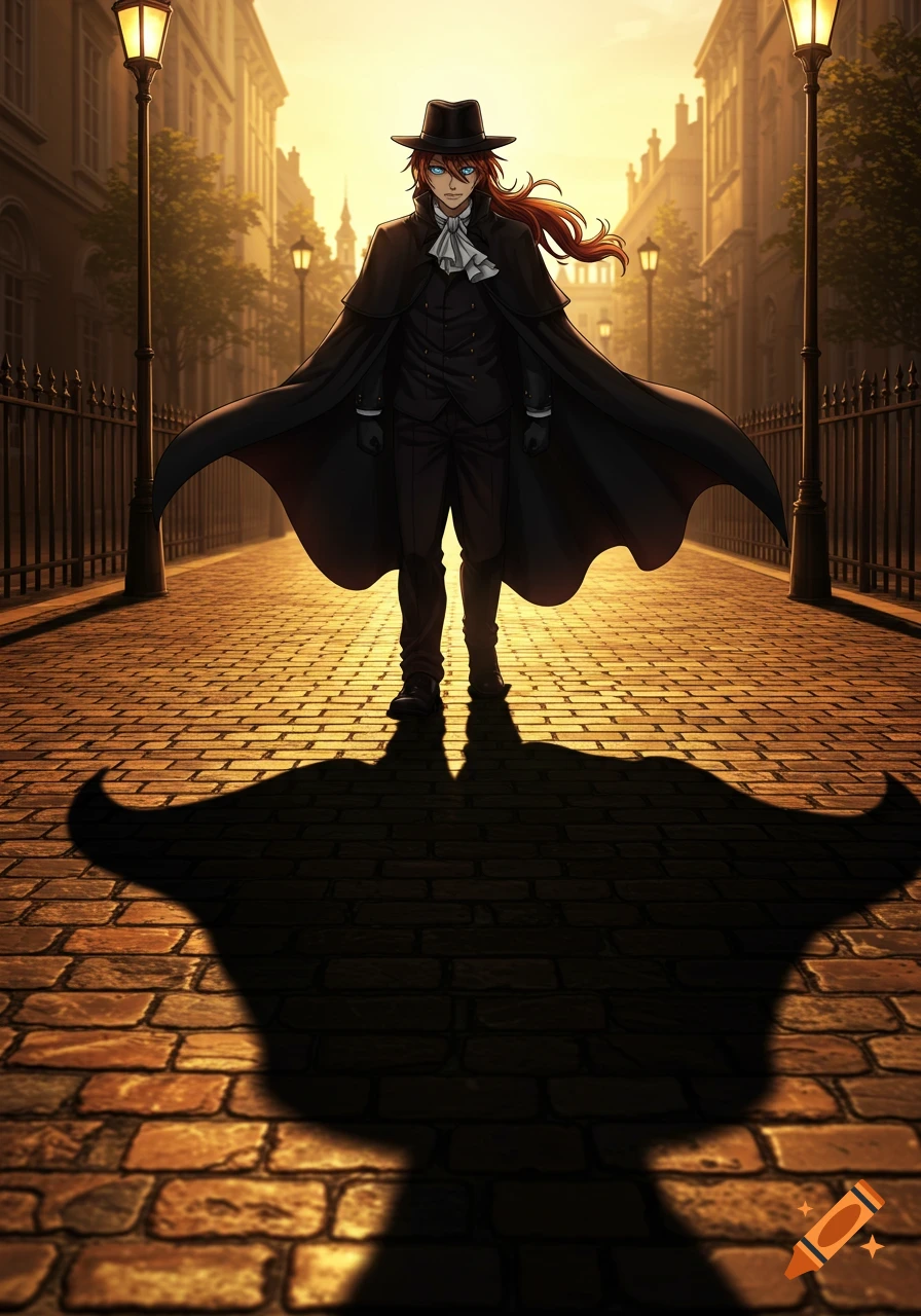 Anime man with red hair, blue eyes, black suit, and cape stands on a cobblestone street at sunset, casting a long shadow.