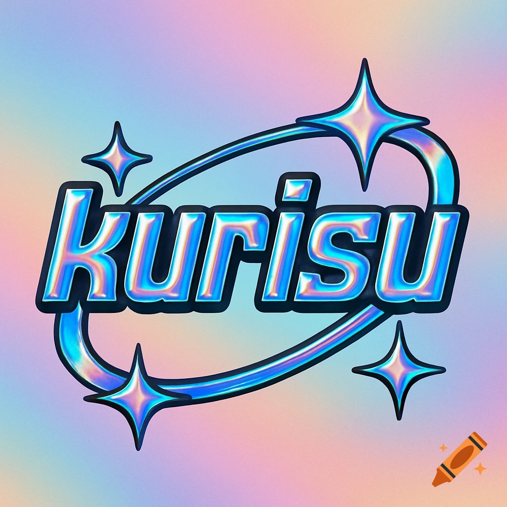 Holographic blue logo spelling 'kurisu' with Y2K stars and a swoosh on a pastel gradient background.