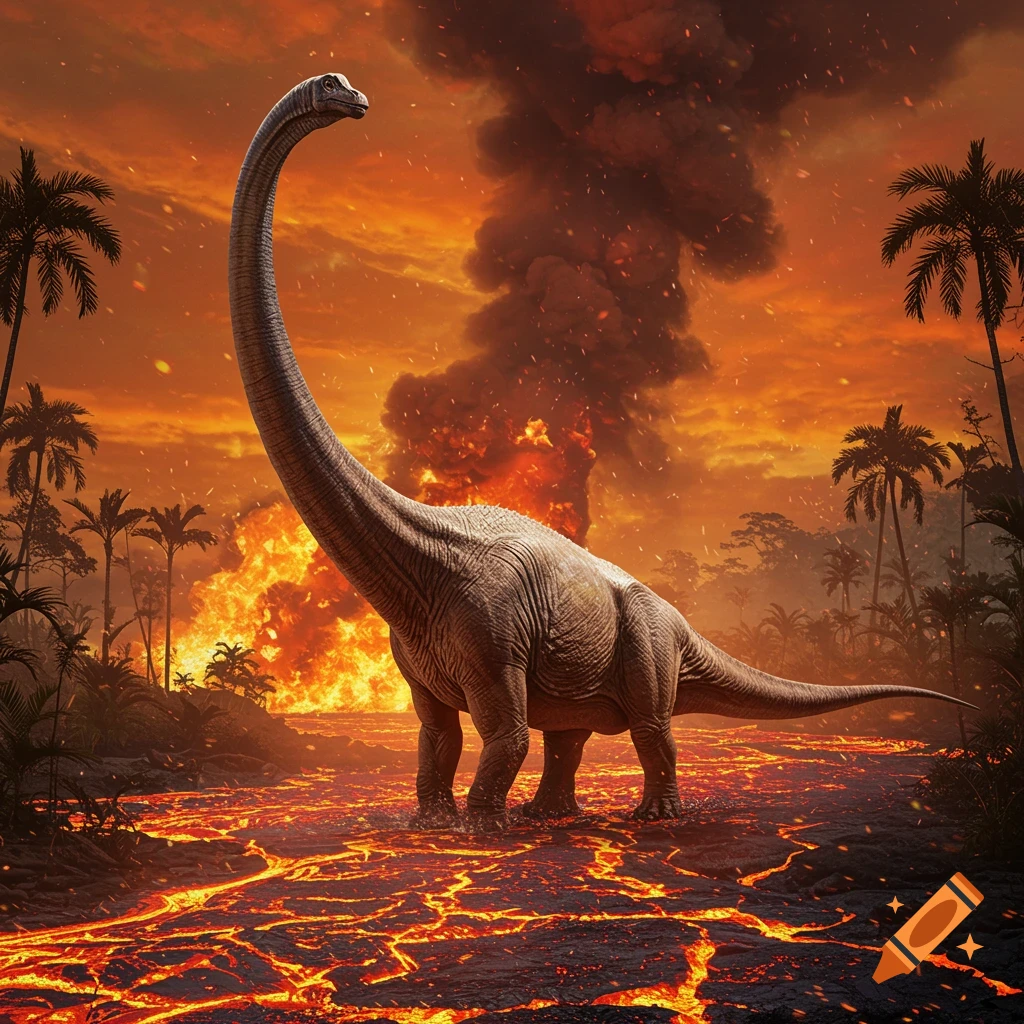 A large Diplodocus dinosaur wades through glowing lava in a burning jungle, with a volcanic eruption in the background under an orange, fiery sky.