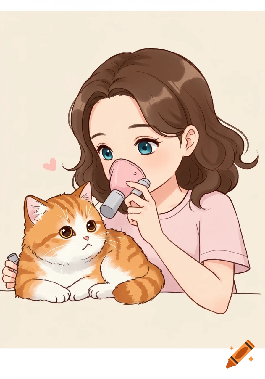 A cartoon girl with brown hair and blue eyes gently gives a fluffy orange and white cat a pink inhaler.