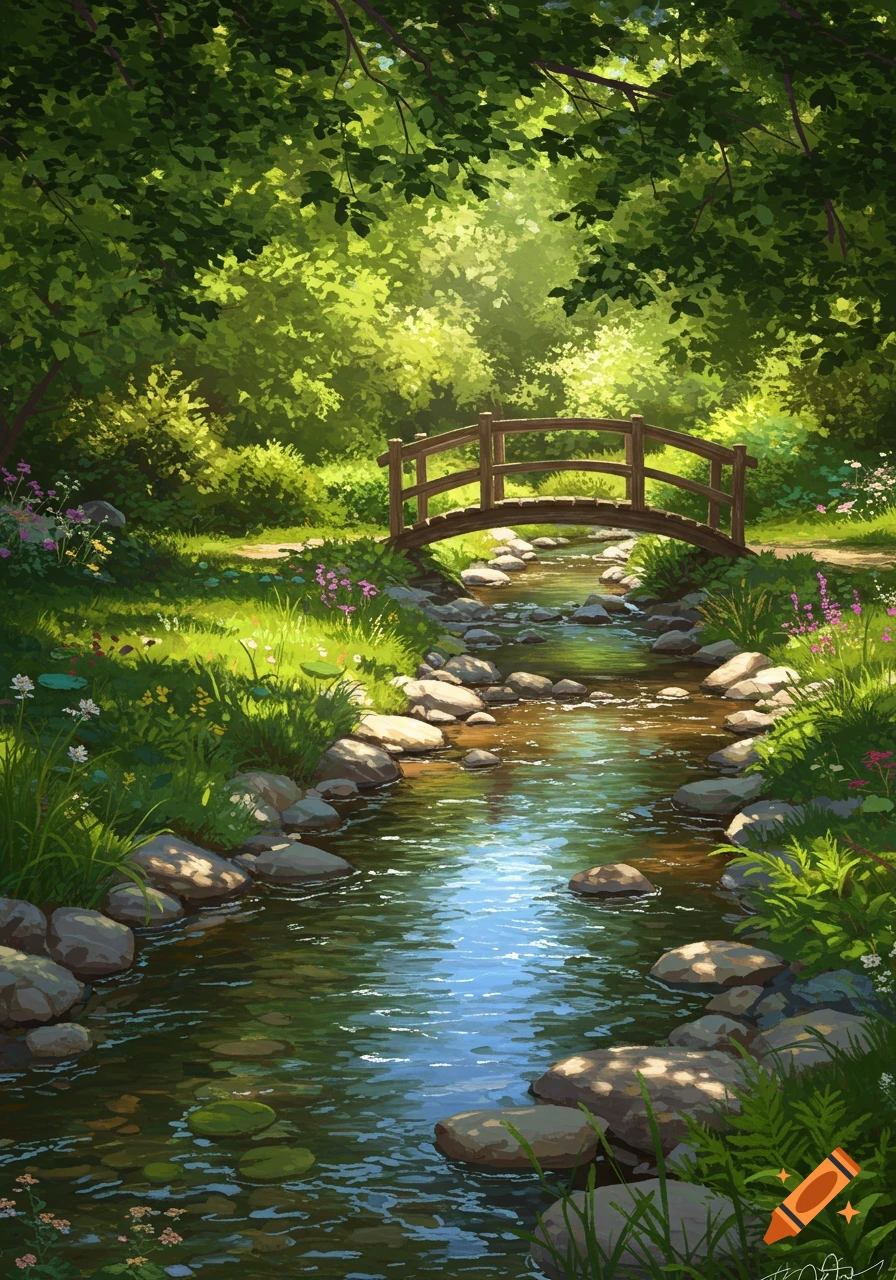 Lush green forest illustration with a sunlit stream flowing under a small wooden bridge, surrounded by trees and wildflowers.