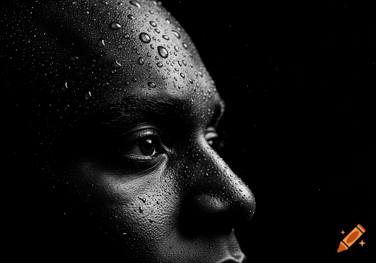 Close-up black and white portrait of a person's face in profile covered in water droplets, with a dark background.