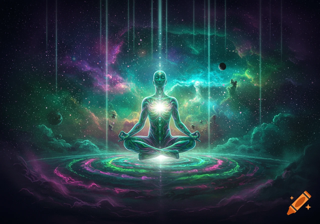An ethereal figure meditates amidst a vibrant, swirling galaxy of stars and nebulae, with beams of light.