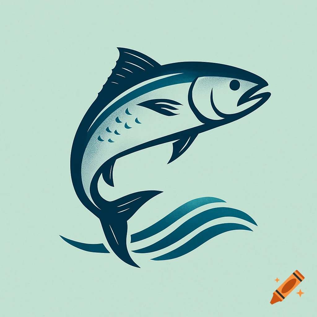 A blue stylized illustration of a fish jumping out of water against a light blue background.