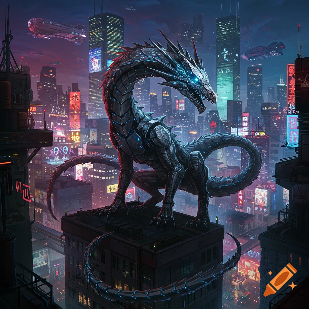 A majestic, metallic dragon perches atop a skyscraper, gazing over a futuristic cyberpunk city illuminated by neon lights.