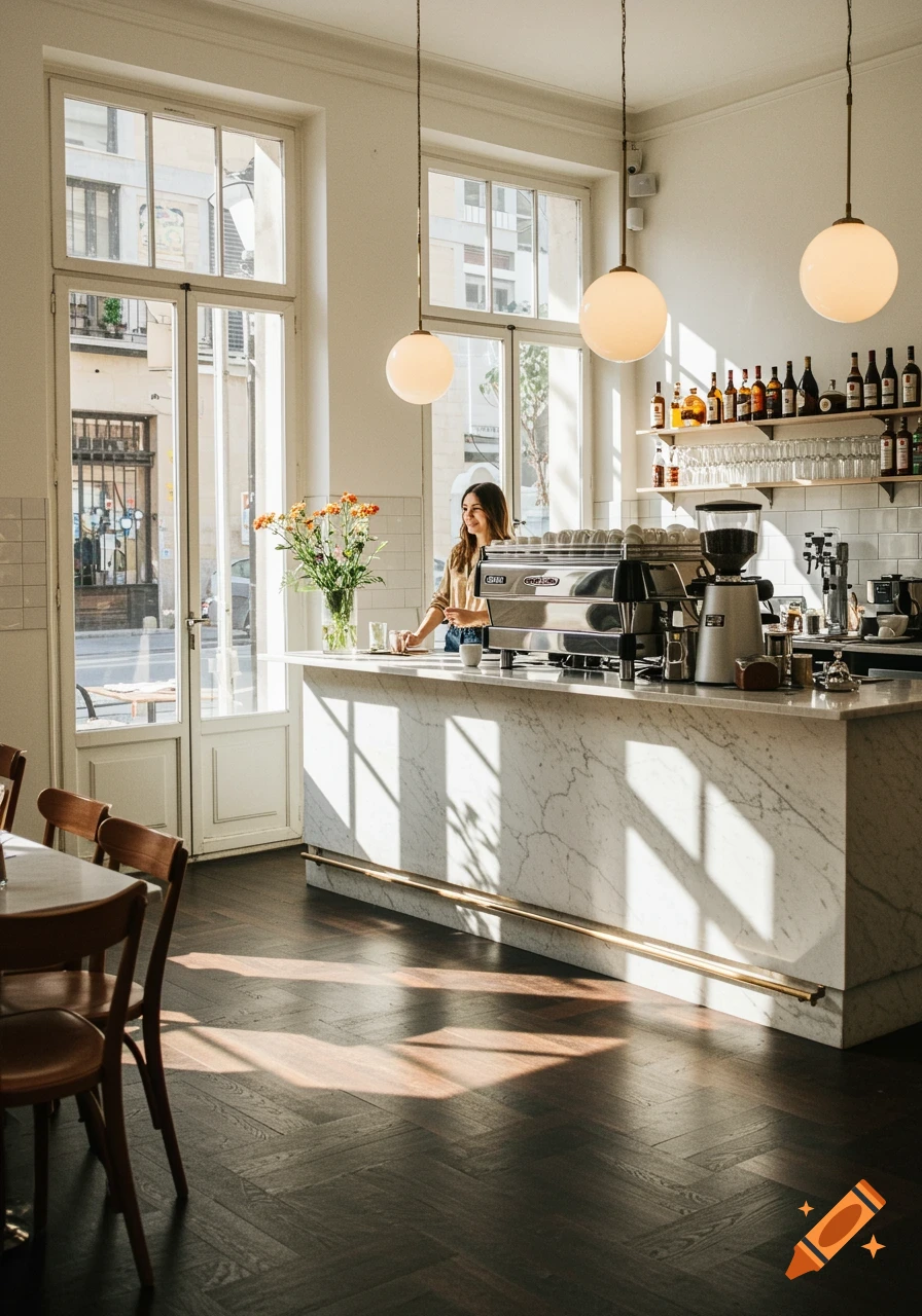 Photorealistic image of a bright, modern cafe interior with a female barista behind a marble bar.